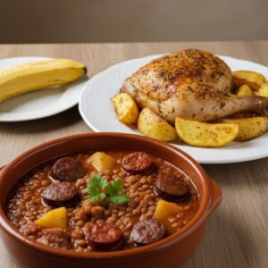 quiero una imagen de un plato de comida casera realista. El plato tiene que ser de lentejas a la riojana, otro con un contrapuso de pollo asado con patatas y de postre un plátano. Tiene que ser realista y apetecible, para enseñar su venta, que la imagen se centre en los platos, no en ningún otro fondo