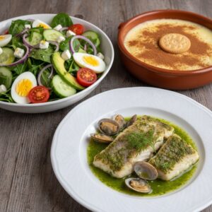 un plato de comida realista, que sea el primer plato merluza en salsa verde, el segundo plato ensalada completa y de postre unas natillas caseras. Que todo sea casero de calidad y que los protagonistas sean los platos